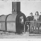 Sidonia stands between two unidentified men in 1946 beside a Bergen Belsen crematorium. Crematorium
